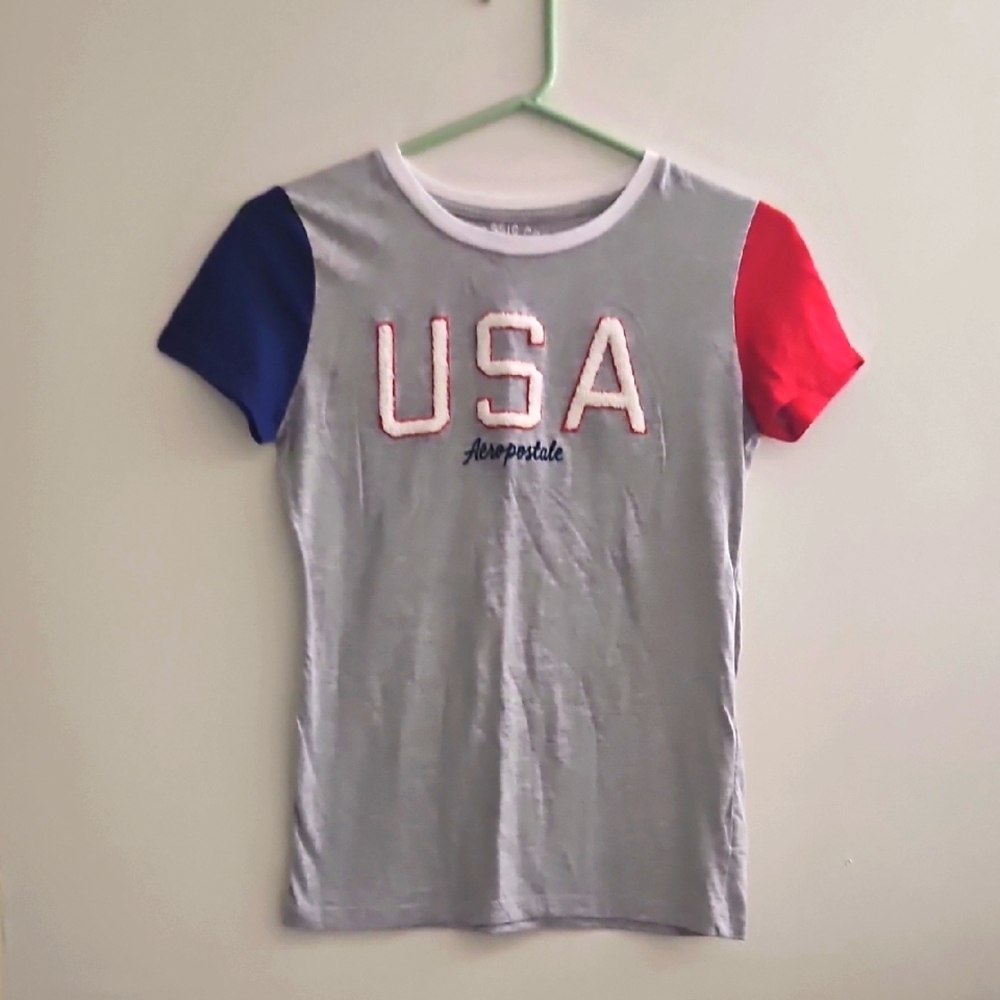 Medium Aeropostale Gray USA Tee with‎ Red and Blue Sleeves